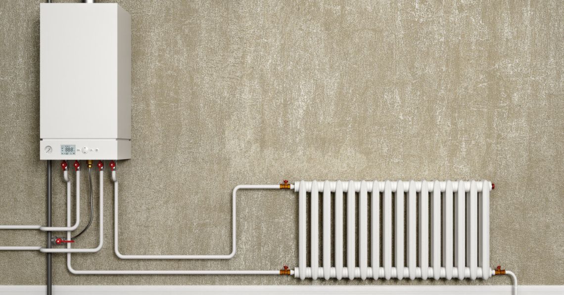 Boiler, water pipes and radiator in front of concrete wall, 3d illustration